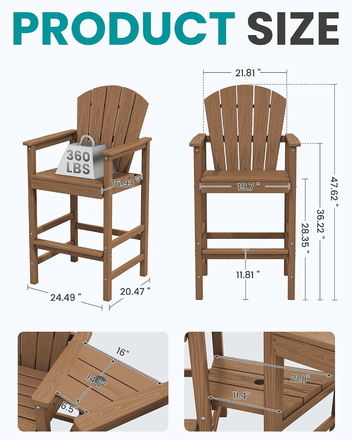 Tall Adirondack Chairs Set of 2, HDPE Bar Height Outdoor Chairs
