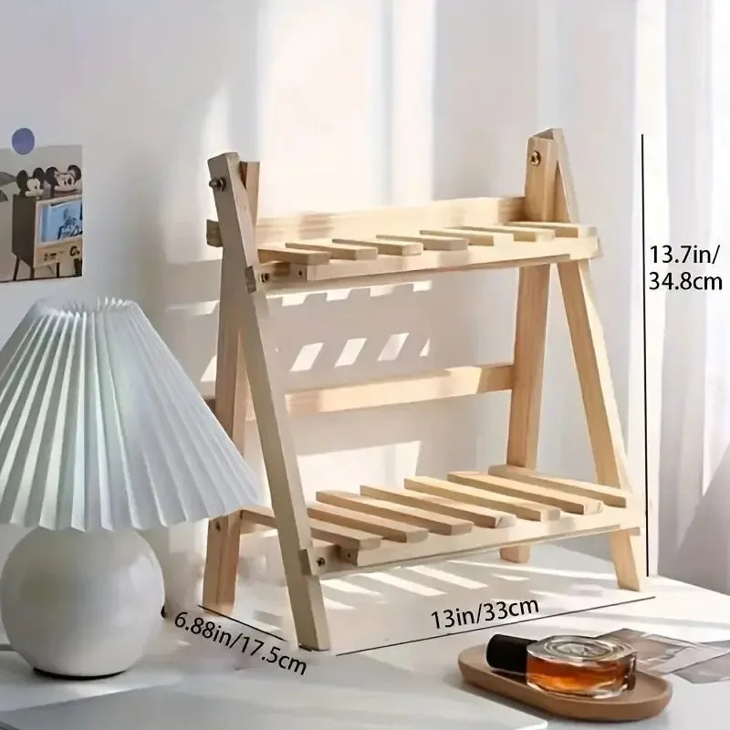 2-Step Desktop Storage Organizer Foldable 2 Tier Ladder Plant Stand Wood Display Shelf Decorative Storage Rack for Table Top