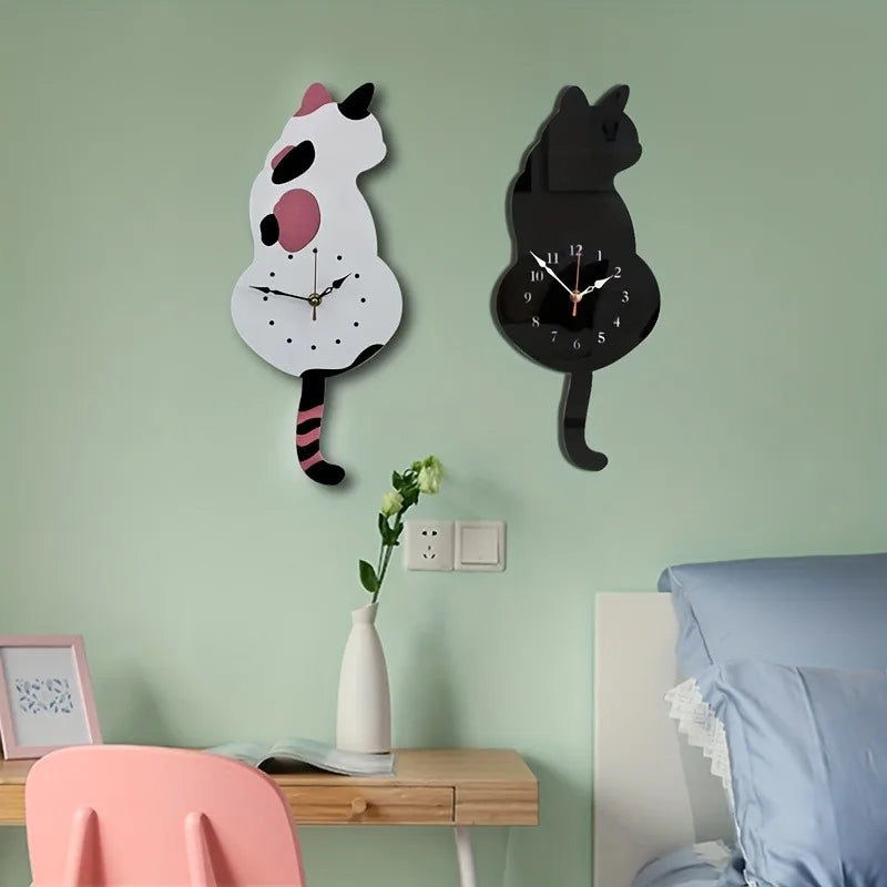 1Pc Whimsical Black Cat Pendulum Wall Clock with Moving