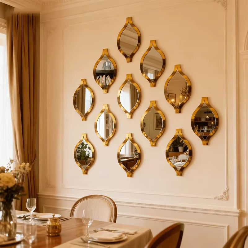 6/12Pcs Gold Teardrop Wall Mirror Kit Decorative Art Mirror for Home Bathroom Bedroom Living Room Hallway