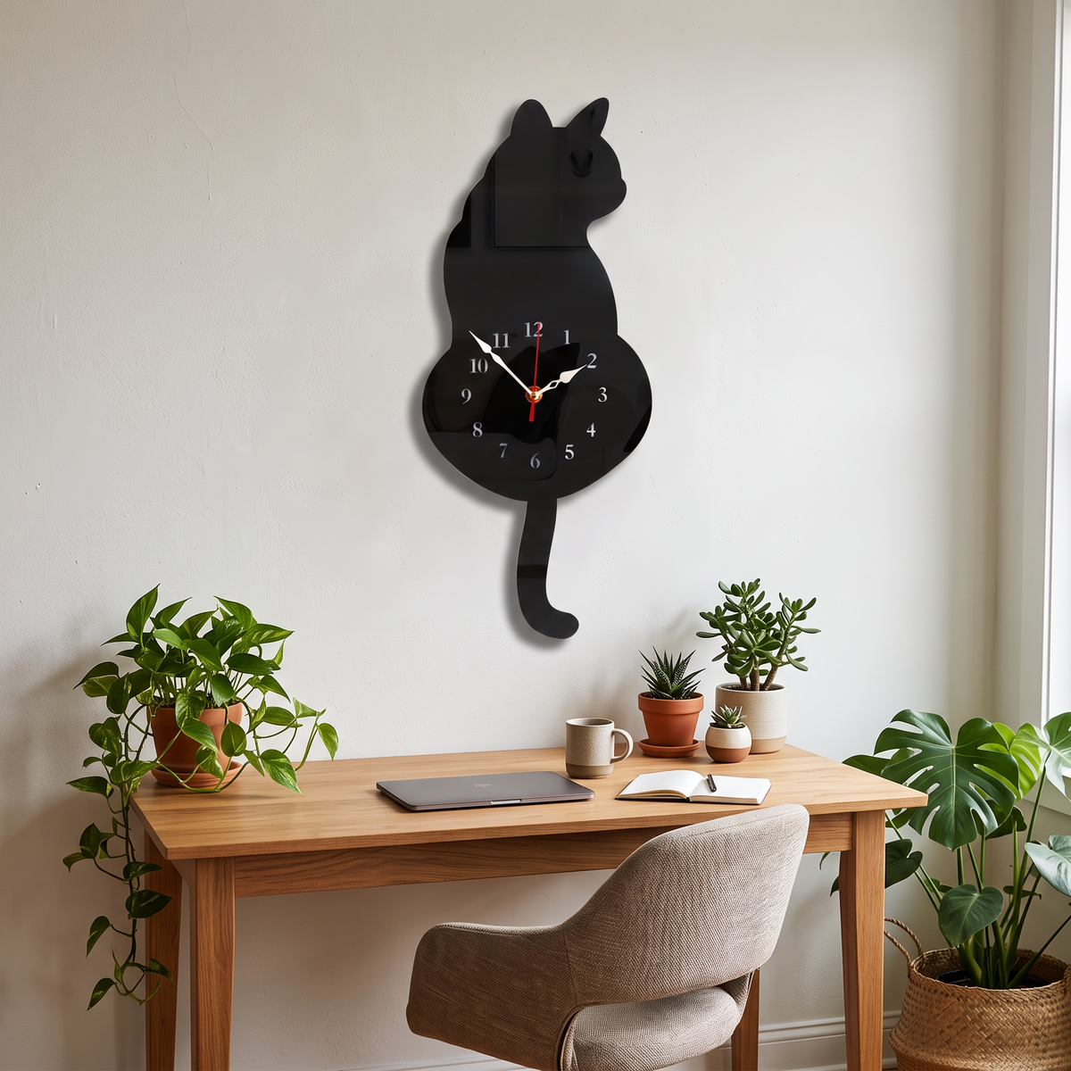1Pc Whimsical Black Cat Pendulum Wall Clock with Moving in a modern home