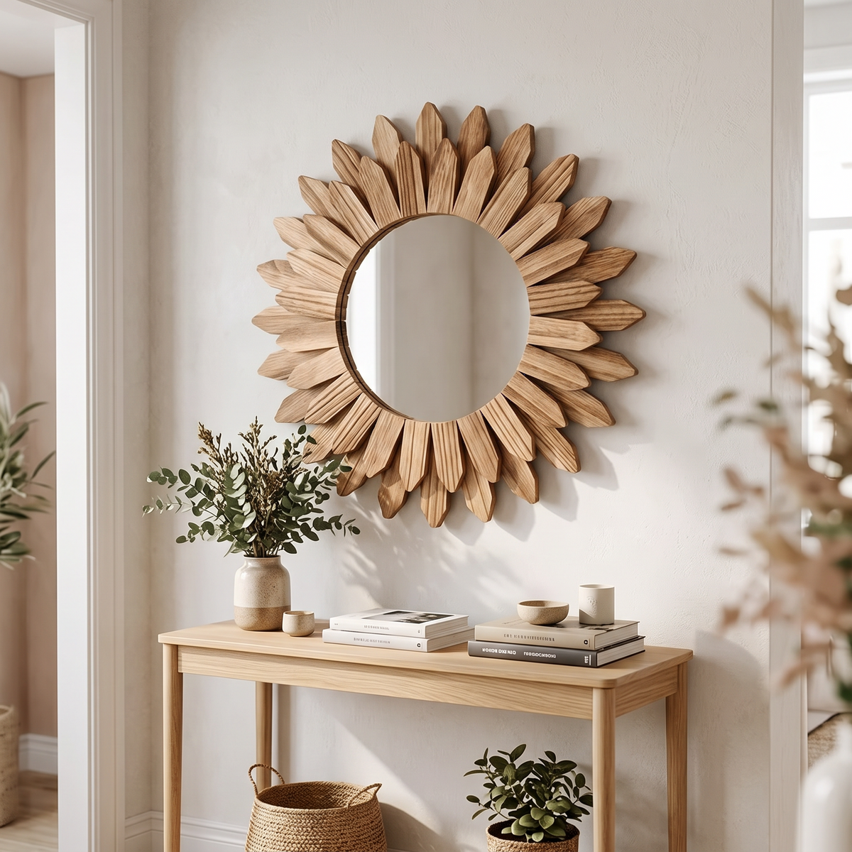 Wooden Wall-Mounted Mirror Sunflower Make-Up Mirror in a modern home