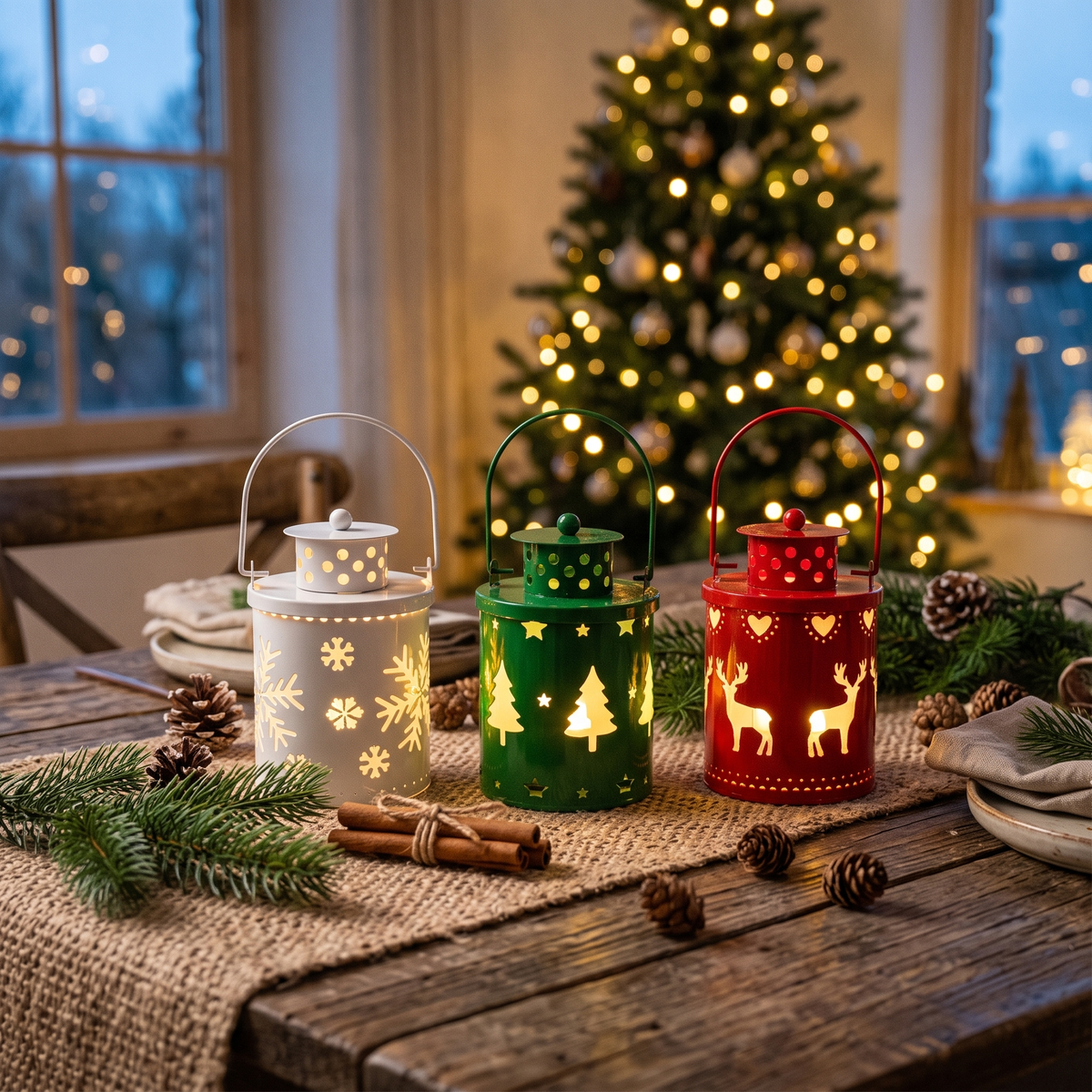 Nordic LED Candle Lanterns glowing on a holiday table