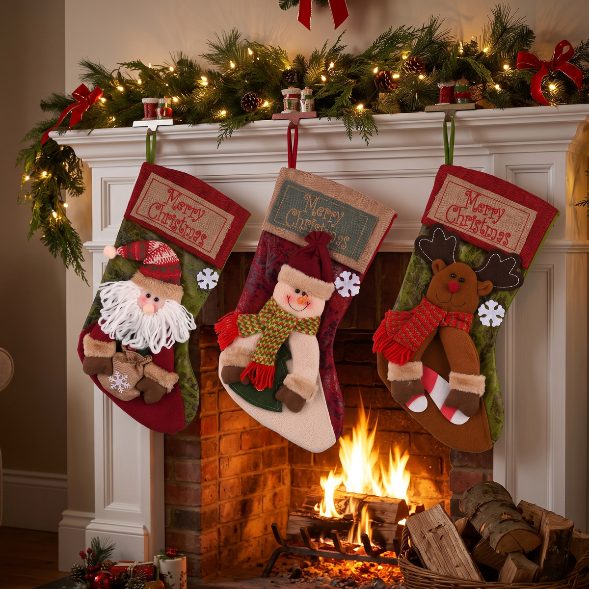 Santa, Snowman and Reindeer Christmas stockings on a mantel