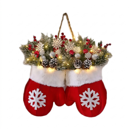 Lighted Mitten Door Wreath on a white background