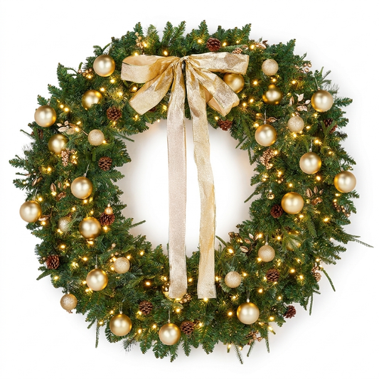 48" Pre-Lit Gold Ornament Wreath on a white background
