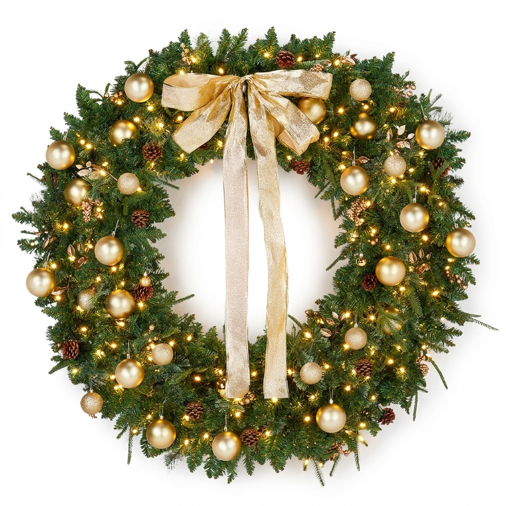 48" Pre-Lit Gold Ornament Wreath on a white background