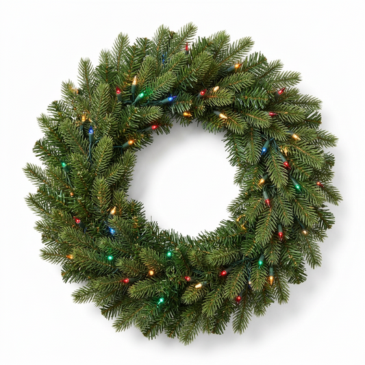 46in Pre-Lit Multicolor Holiday Wreath on a white background
