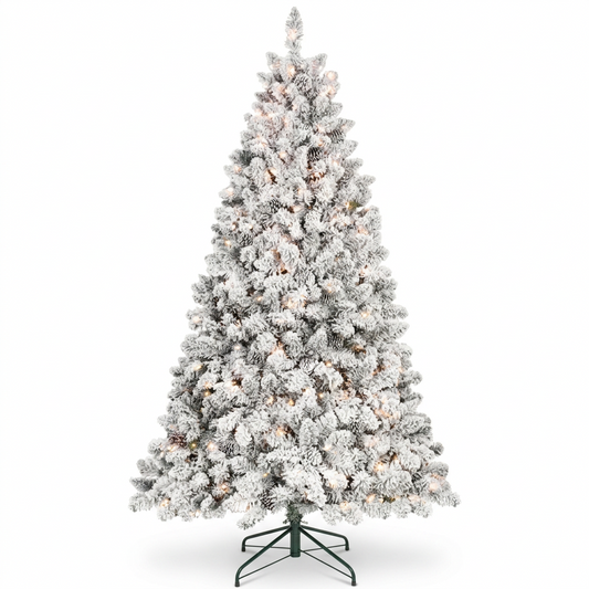 Snow Covered Pre-Lit Christmas Tree on a white background