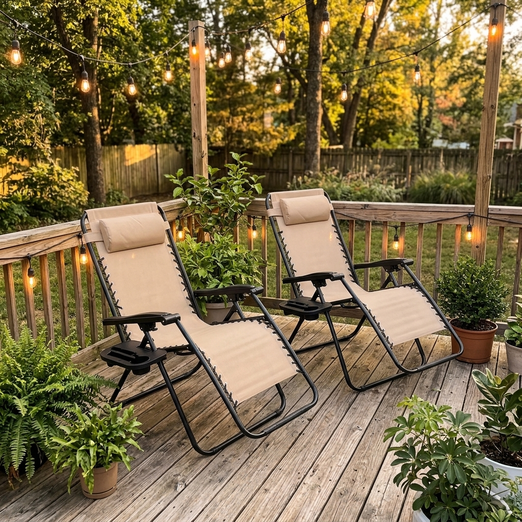 Zero gravity chairs on a deck at golden hour