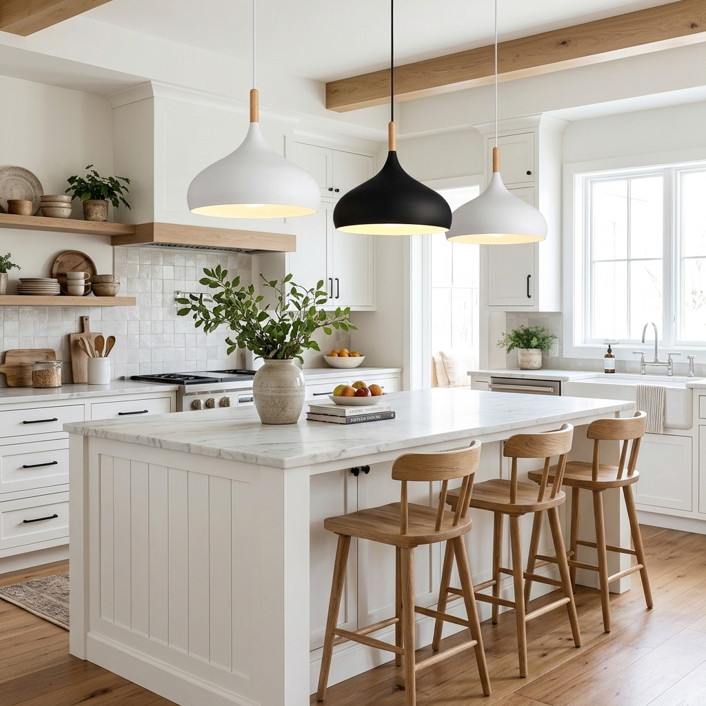 Café pendant lights over a kitchen island