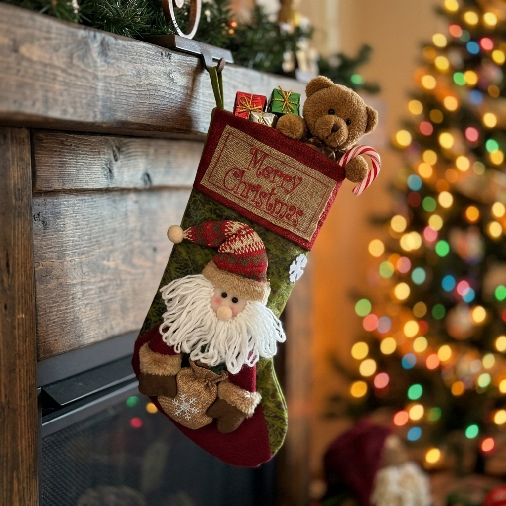 Santa Christmas stocking filled with gifts