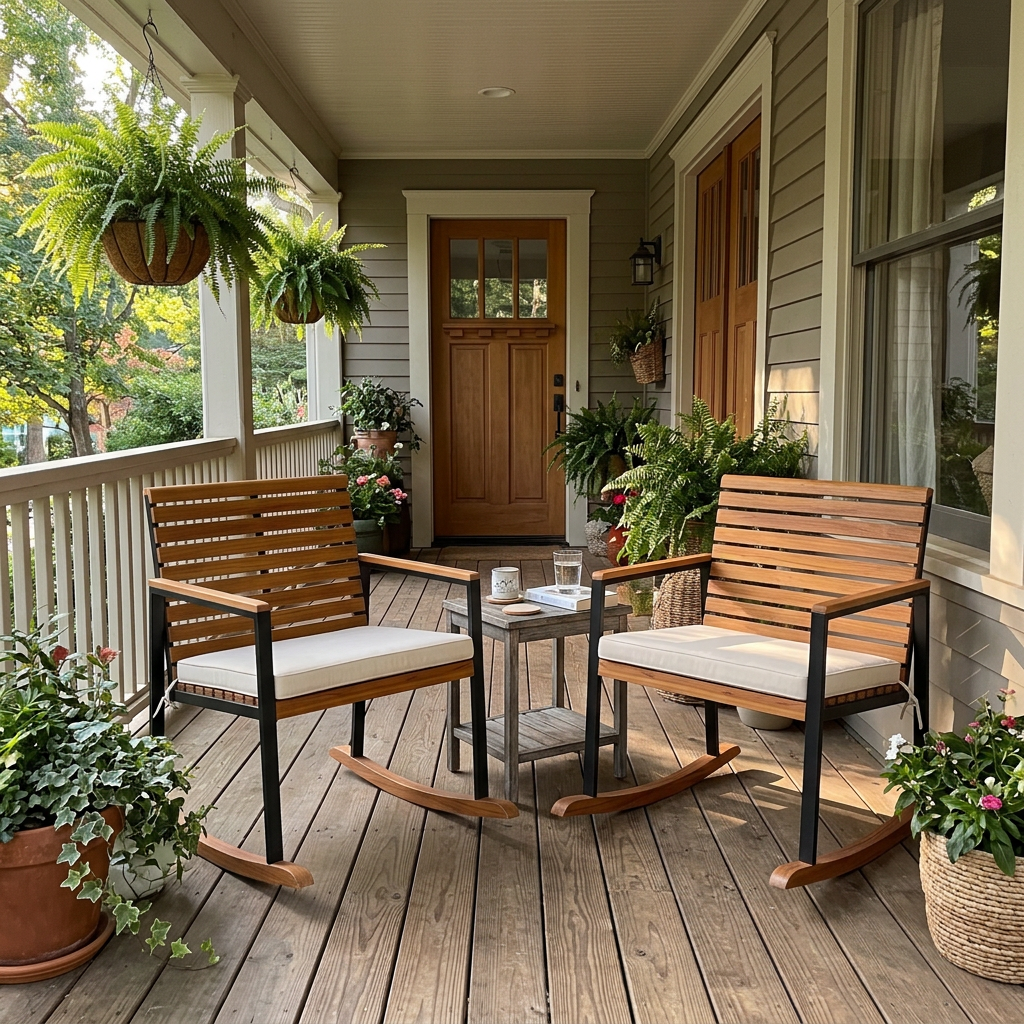 Acacia rocking chairs on a front porch