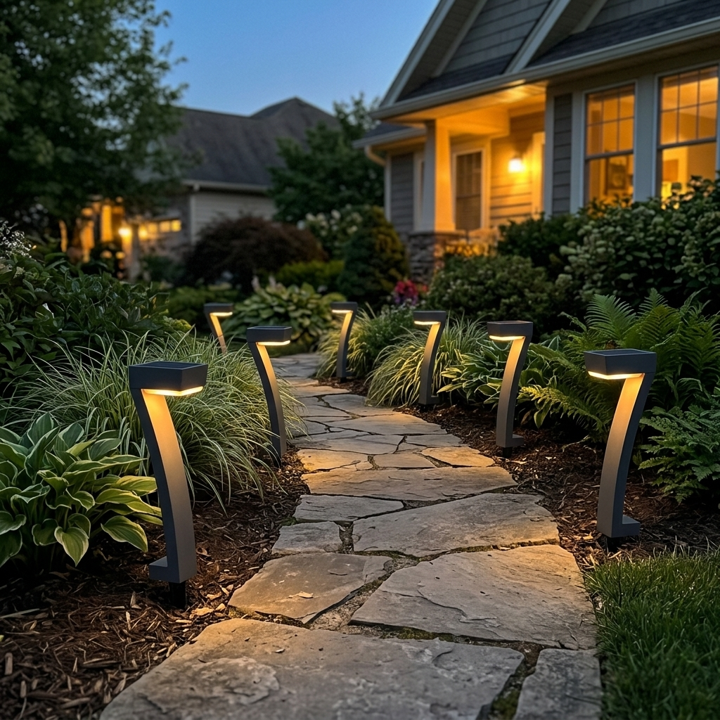Solar path lights along a garden walkway at dusk