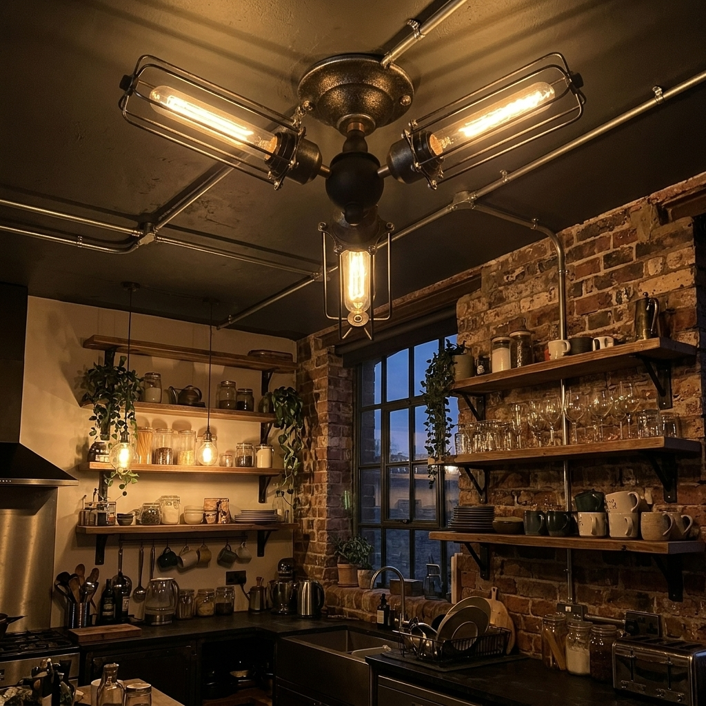 Industrial cage flush mount light in a loft kitchen