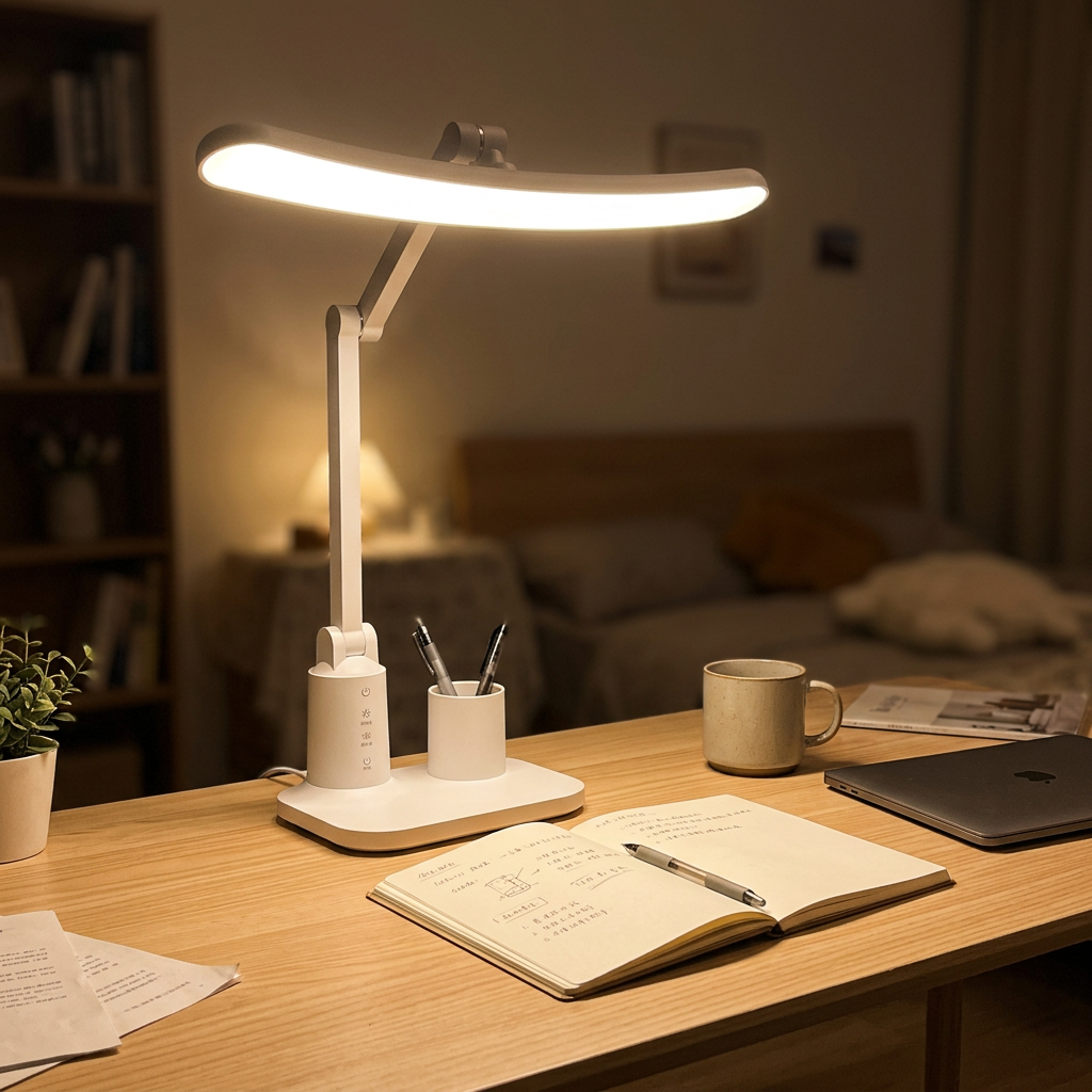 LED desk lamp glowing over an open notebook