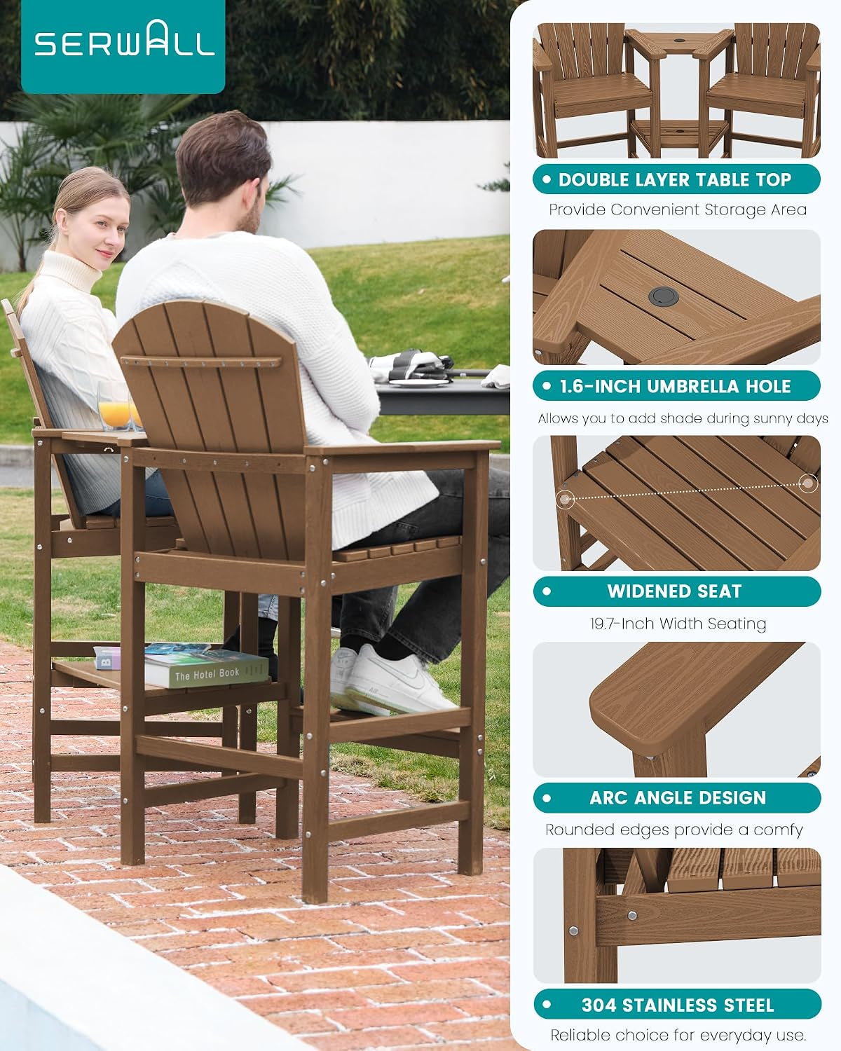 Tall Adirondack Chairs Set of 2, HDPE Bar Height Outdoor Chairs
