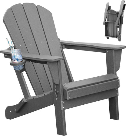 Adirondack Chair, Plastic Adirondack Chairs, HDPE Adirondack Chair, Folding Adirondack Chairs,Outdoor Chairs with Cup Holder for Lawn Patio Deck Fire Pit -Gray