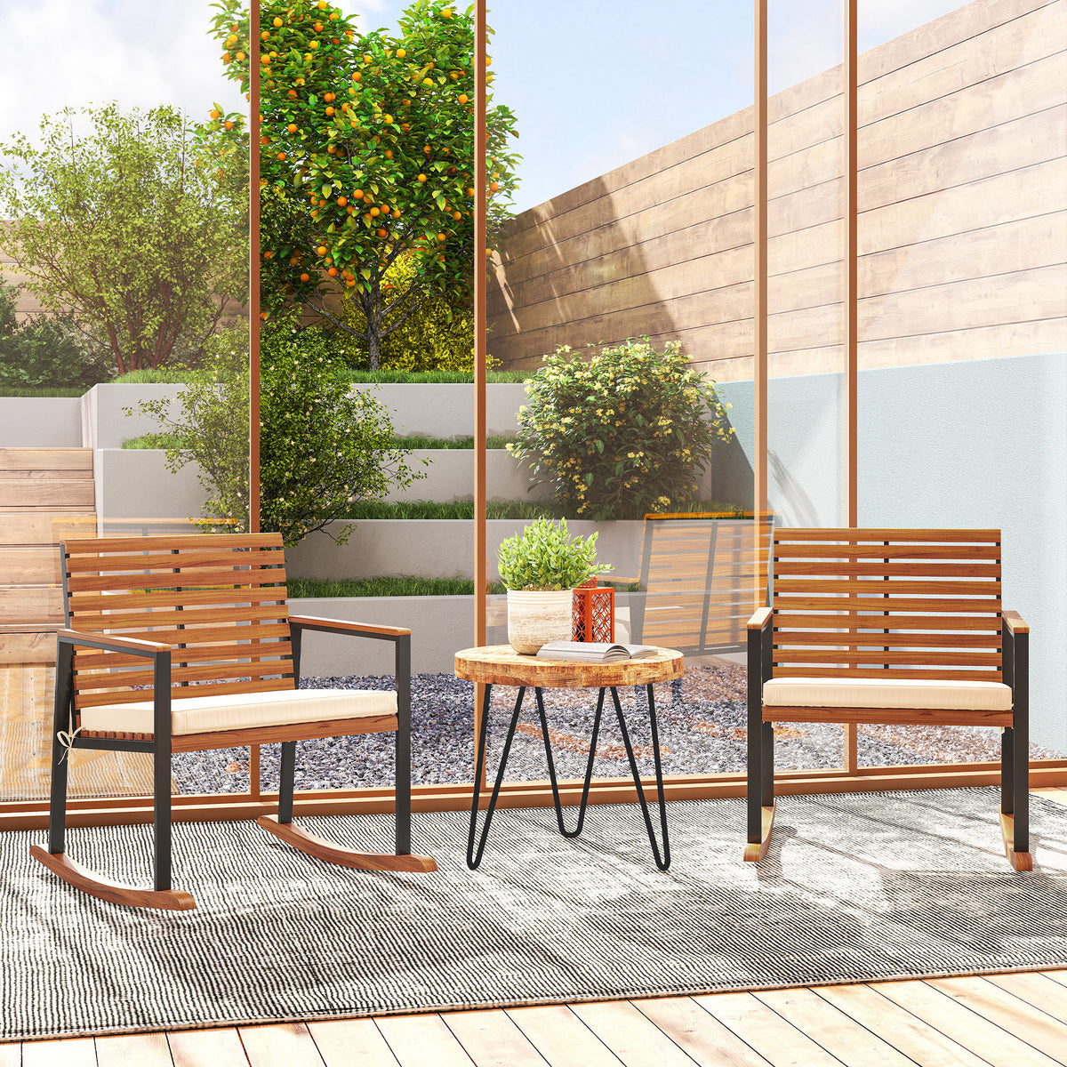 Acacia Wood Outdoor Lawn Rocking Chair Set of 2, Outdoor