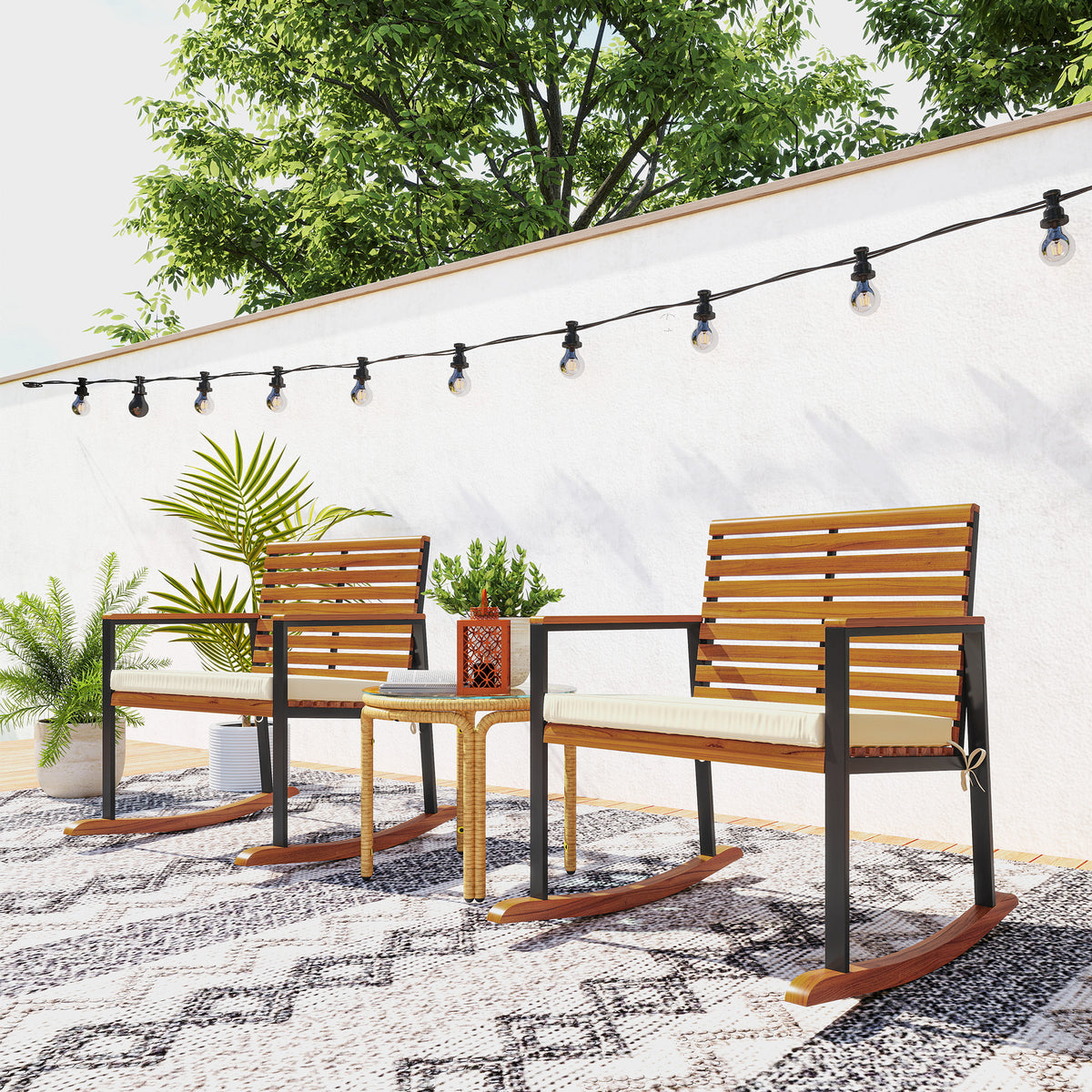 Acacia Wood Outdoor Lawn Rocking Chair Set of 2, Outdoor