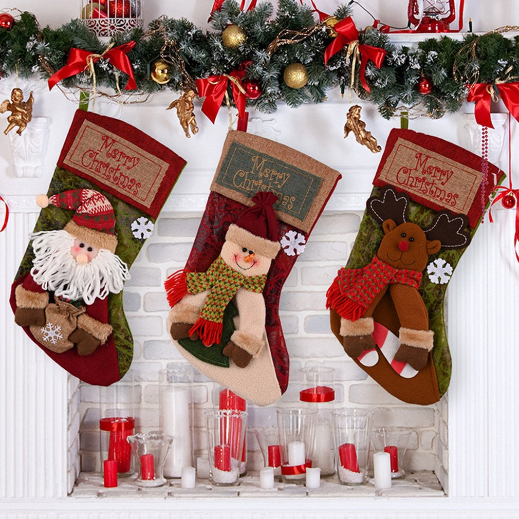 Plush Character Christmas Stockings on a fireplace