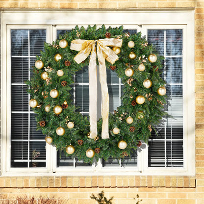 48 inch Pre-Lit Gold Ornament Wreath in a window