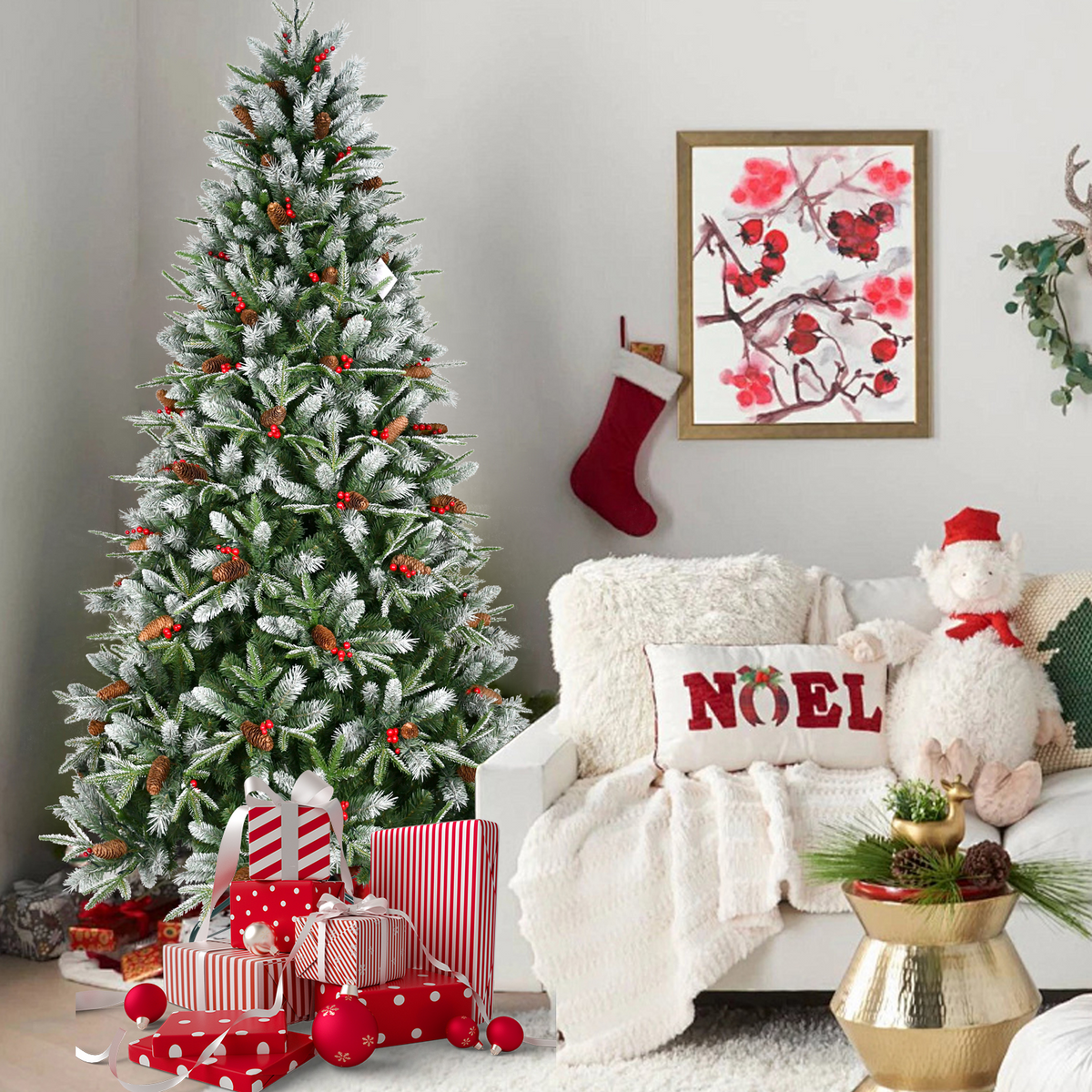 Snow-Tipped Pine Christmas Tree with holiday decor