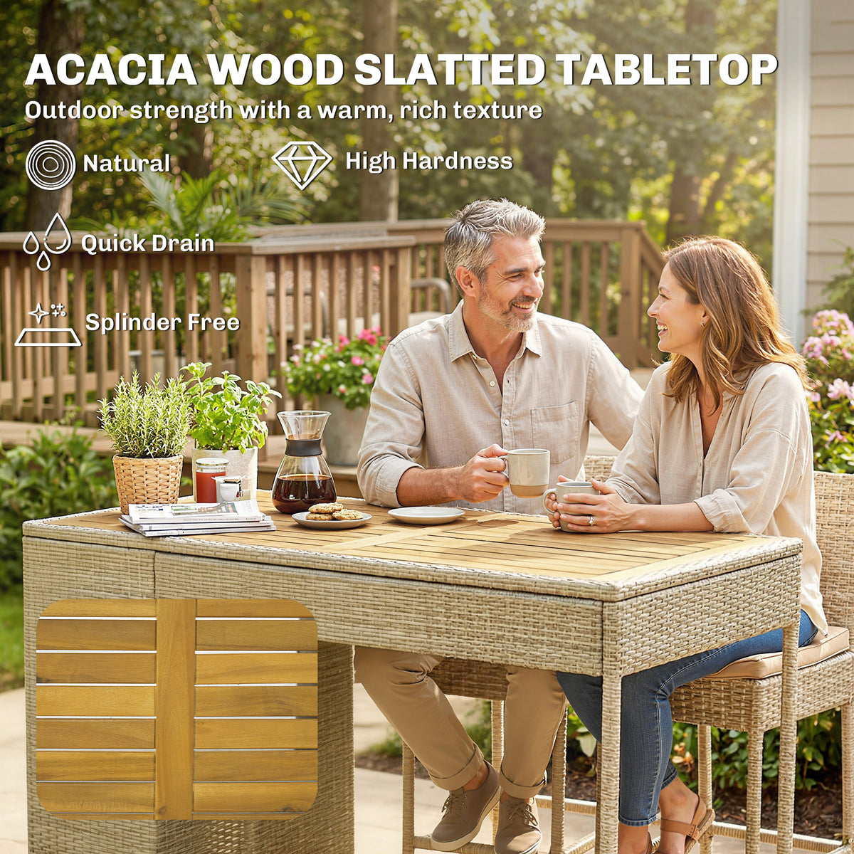 5 Piece Wicker Outdoor Bar Set, Acacia Wood Outdoor High Top Table and Chairs with 3 Tier Shelves, Cushions, Brown