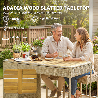 5 Piece Wicker Outdoor Bar Set, Acacia Wood Outdoor High Top Table and Chairs with 3 Tier Shelves, Cushions, Brown