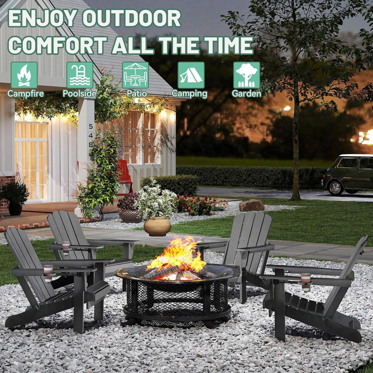 Adirondack Chair, Plastic Adirondack Chairs, HDPE Adirondack Chair, Folding Adirondack Chairs,Outdoor Chairs with Cup Holder for Lawn Patio Deck Fire Pit -Gray