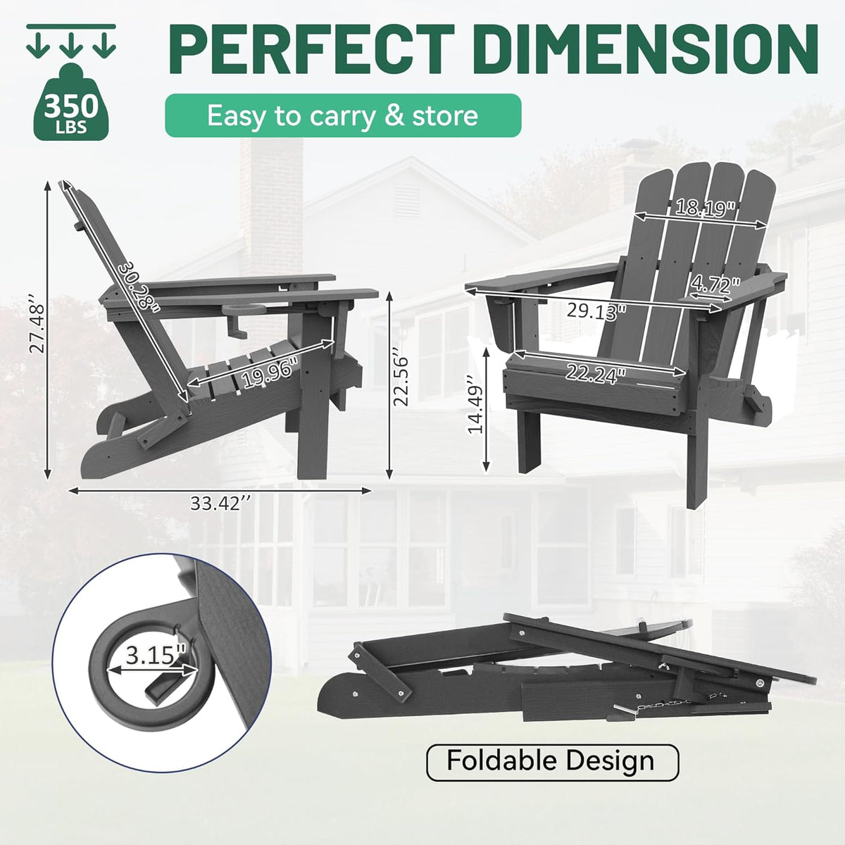 Adirondack Chair, Plastic Adirondack Chairs, HDPE Adirondack Chair, Folding Adirondack Chairs,Outdoor Chairs with Cup Holder for Lawn Patio Deck Fire Pit -Gray