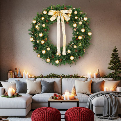 48 inch Pre-Lit Gold Ornament Wreath in a living room