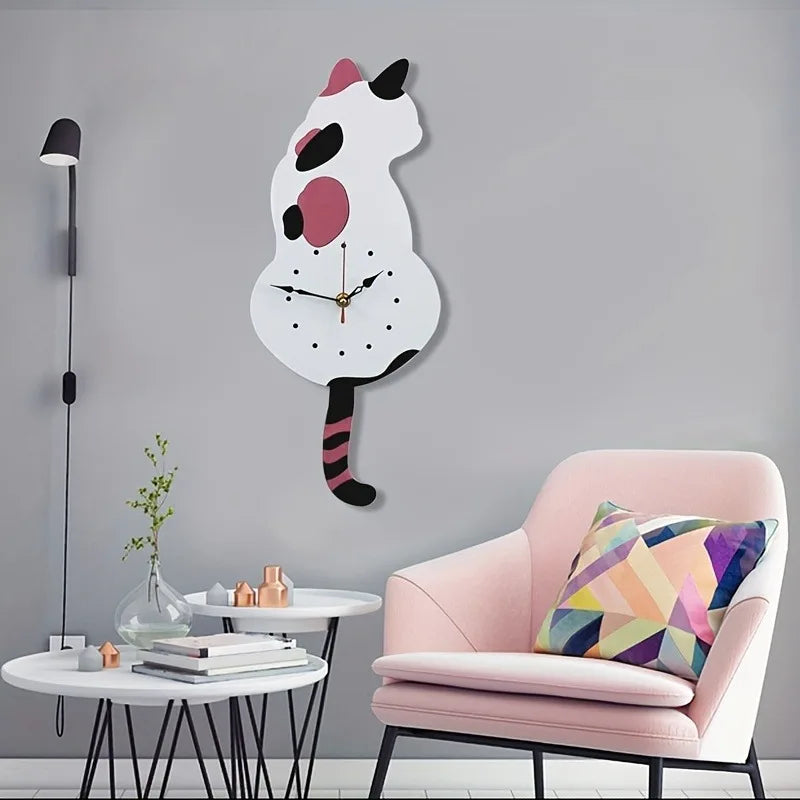 1Pc Whimsical Black Cat Pendulum Wall Clock with Moving