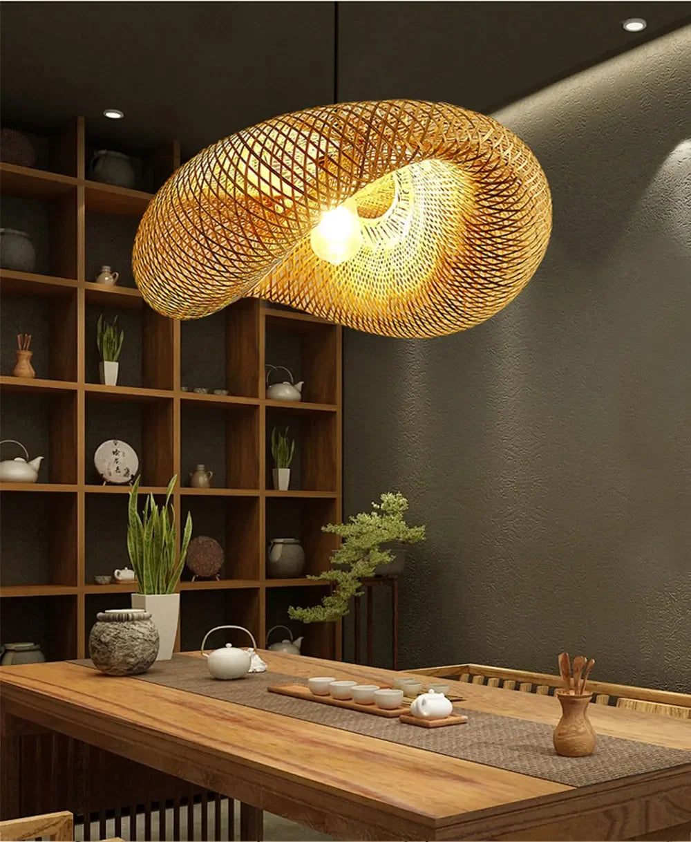 Led Pendant Lamp Ceiling Chandelier Bamboo Weaving Lights