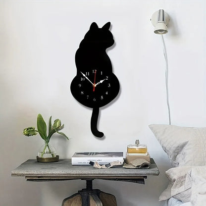 1Pc Whimsical Black Cat Pendulum Wall Clock with Moving