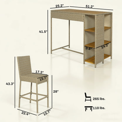 5 Piece Wicker Outdoor Bar Set, Acacia Wood Outdoor High Top Table and Chairs with 3 Tier Shelves, Cushions, Brown
