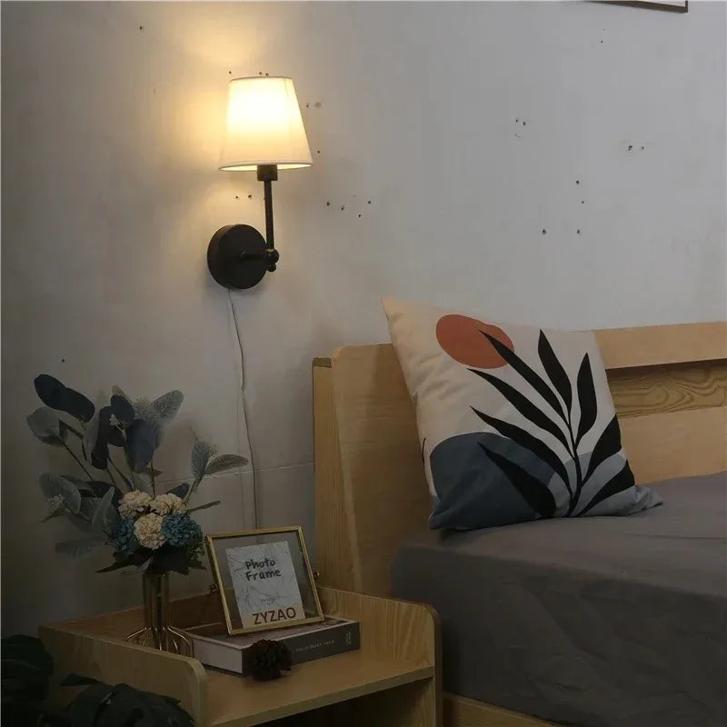 American Retro Wall Lamp Bedroom Bedside Lamp Bathroom Mirror Lamp Luster Luxury Sconce Fabric Lampshade TV Wall Lights Fixtures