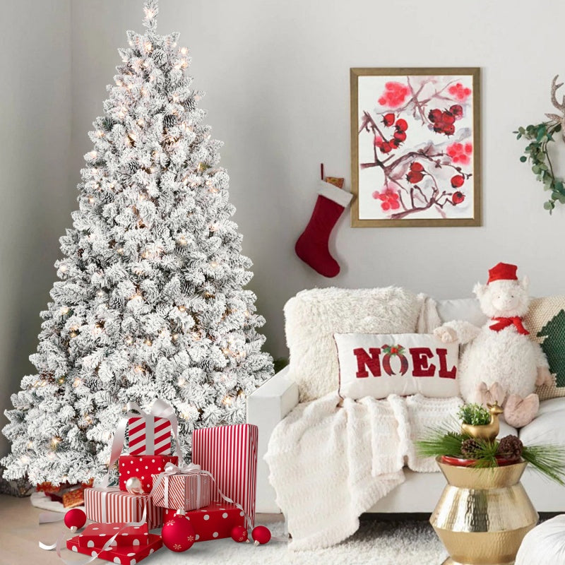 Flocked Pre-Lit Christmas Tree with holiday decor