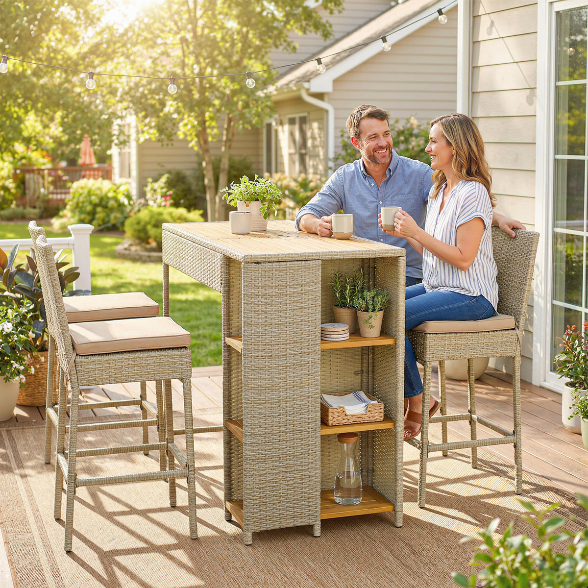 5 Piece Wicker Outdoor Bar Set, Acacia Wood Outdoor High Top Table and Chairs with 3 Tier Shelves, Cushions, Brown