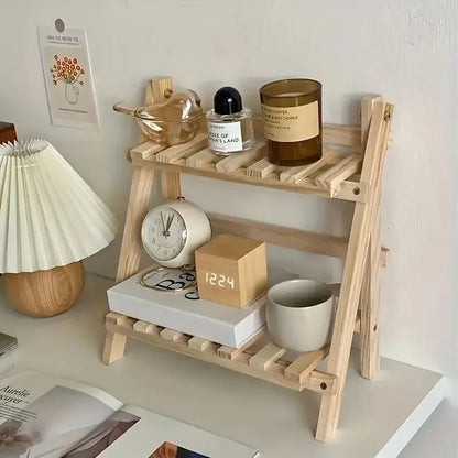 2-Step Desktop Storage Organizer Foldable 2 Tier Ladder Plant Stand Wood Display Shelf Decorative Storage Rack for Table Top