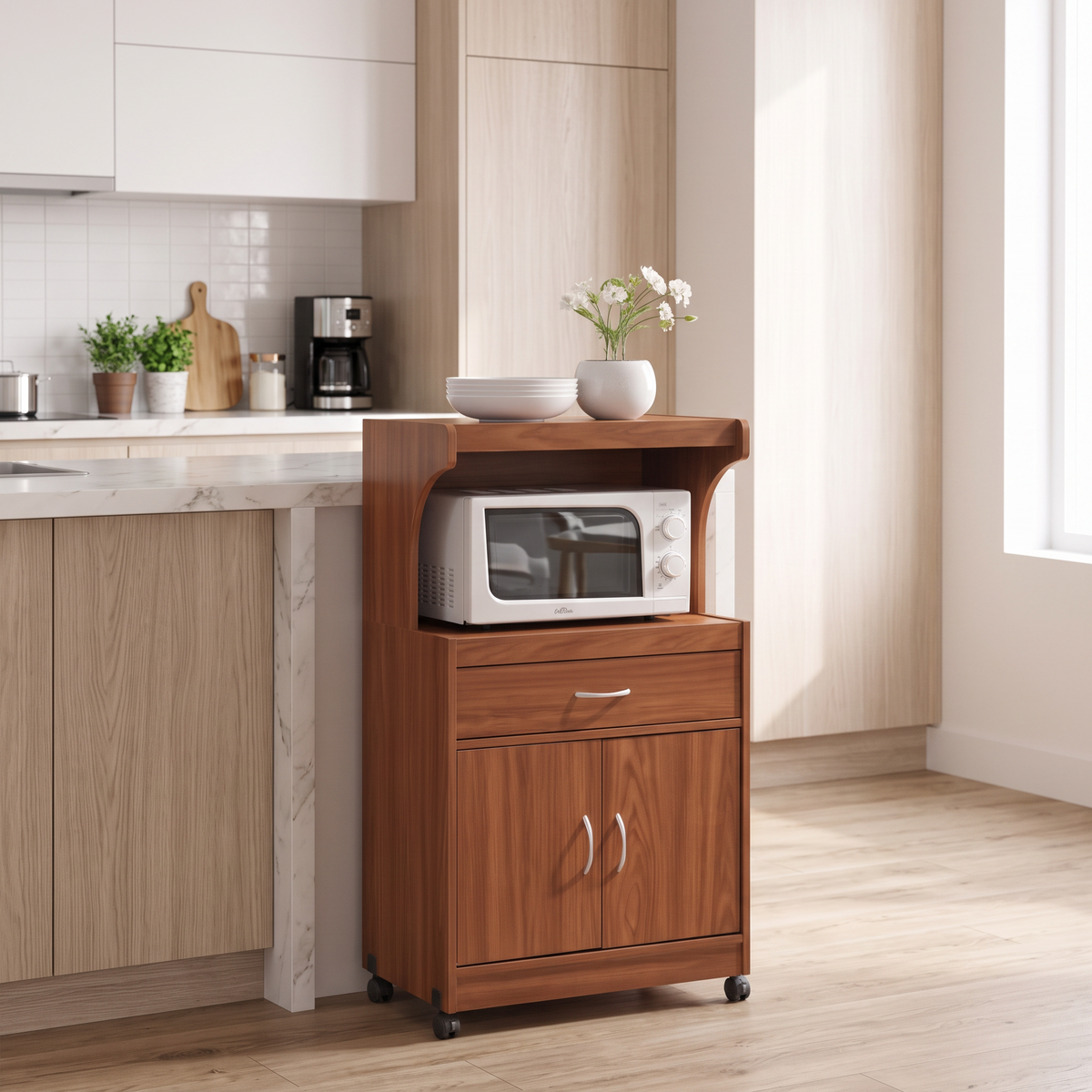 Cherry Microwave Cart with Storage in a modern home