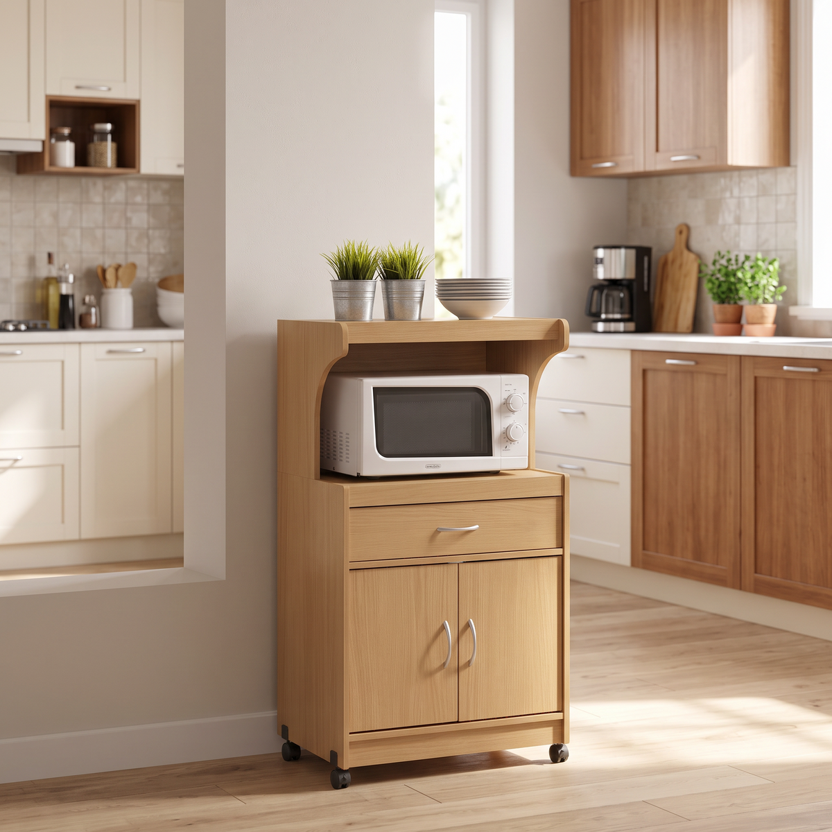 Beech Microwave Cart with Storage in a modern home