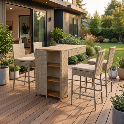 5 Piece Wicker Outdoor Bar Set, Acacia Wood Outdoor High in a modern home