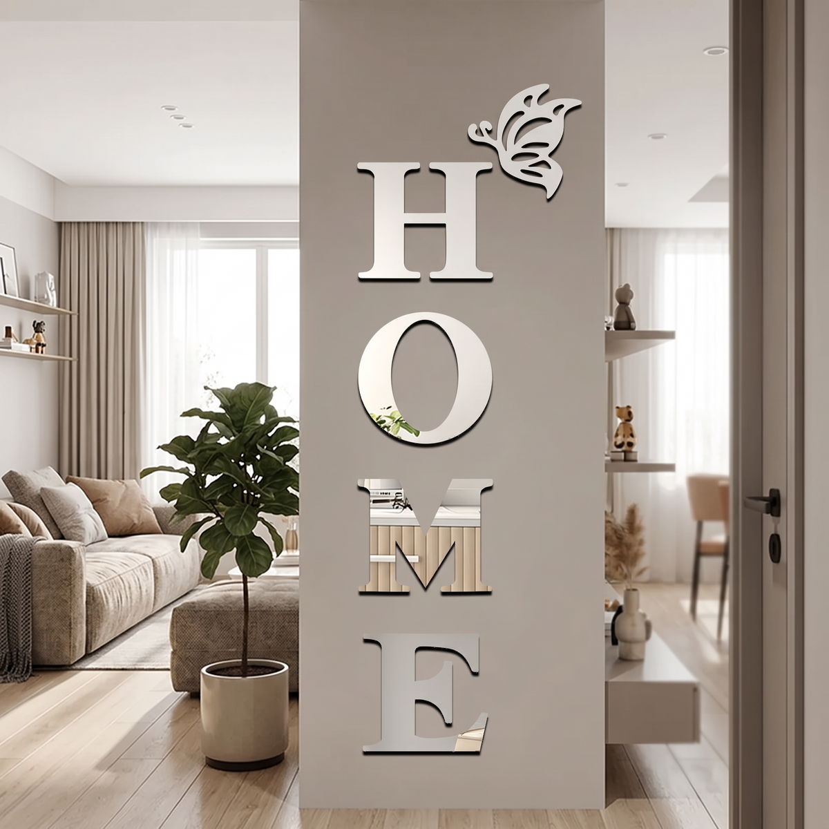 3D Mirror Wall Sticker 'HOME' Logo Entrance Decorative in a modern home