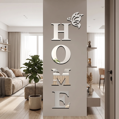 3D Mirror Wall Sticker 'HOME' Logo Entrance Decorative in a modern home