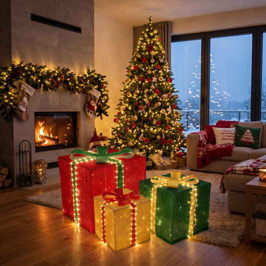 FLACCHI 4.9FT Pre-Lit Christmas Gift Boxes (Set of 3, in a modern home