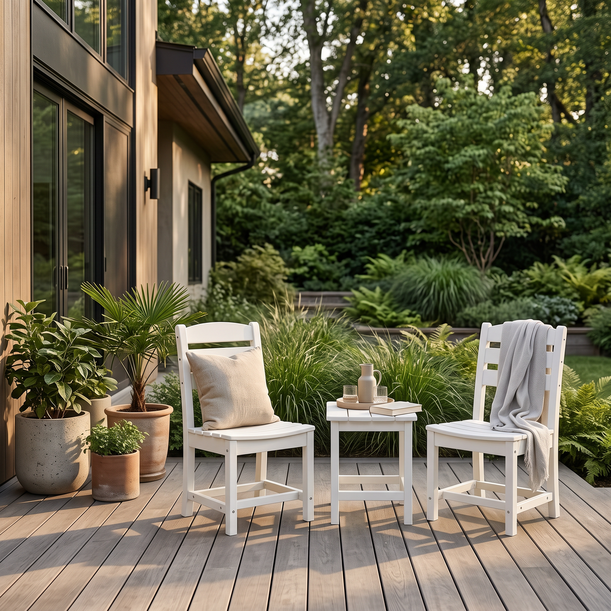 White 3-Piece Outdoor Bistro Set round Table Set Patio in a modern home