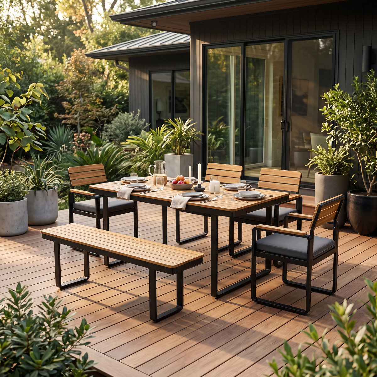 6-Piece Outdoor Dining Set, Acacia Wood, 1 Table with 4 in a modern home