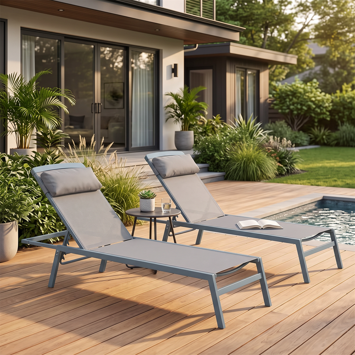Patio Chaise Lounge Set of 3, Aluminum Lounge Chairs with 5 in a modern home