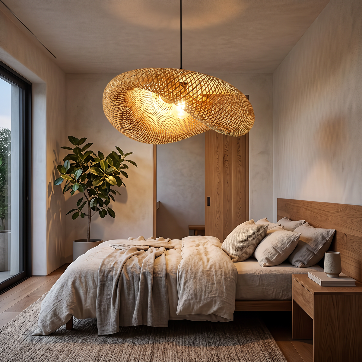 Led Pendant Lamp Ceiling Chandelier Bamboo Weaving Lights in a modern home